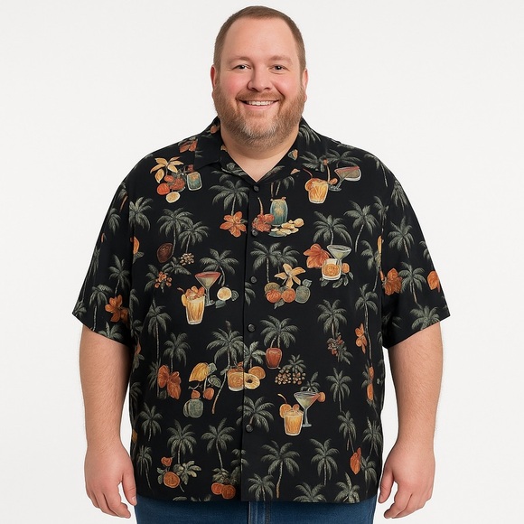 Pierre Cardin Men’s Hawaiian Tropical Drink Print Black Button-Up Shirt Size XXL - Picture 1 of 8
